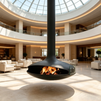 Cheminée suspendue de luxe VALSE, foyer artistique flottant pour villa à plafond haut, décoration intérieure contemporaine