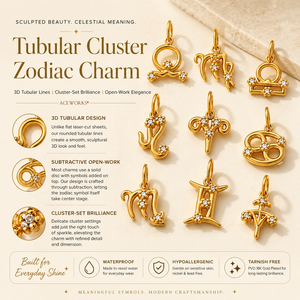 Breloque Zodiaque en forme de cluster tubulaire |   Pendentif signe du zodiaque en acier inoxydable plaqué or 18K PVD avec pavé de zirconiums cubiques 3D |   Imperméable et hypoallergénique - Product Image 1