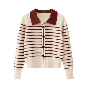 Zhan Ya Women's Striped Collared Long Sleeve Slim Fit Knit <b>Cardigan</b> Anti Pilling Contrast Color - Product Image 5