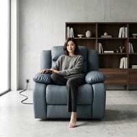 Fauteuil inclinable électrique pivotant en cuir PU bleu foncé PUZE Q703, inclinaison totale, fonctions intelligentes, télécommande USB, design minimaliste en bois