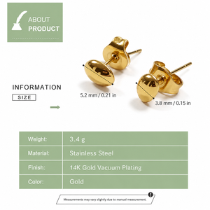 Boucles d'oreilles ovales bombées en acier inoxydable, plaquées or 14 carats sous vide, options de couleurs or et argent, 5,2 x 3,8 mm - Product Image 5