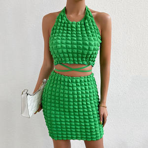 Custom Summer New Fashion 2023 Vestidos de mujer Ropa al por mayor Halterneck Green Outfits Bodycon Sexy 2 PCs Faldas Conjuntos - Product Image 2