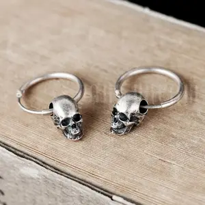 Real 925 Sterling Silver Studs Retro Silver Skull Hook Shape Earrings Studs Gothic Vintage Jewelry for Men and Women