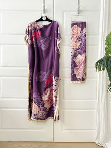 <span class=keywords><strong>Caftan</strong></span> bohème en polyester violet pour femmes avec manches chauve-souris, imprimé floral et <span class=keywords><strong>ceinture</strong></span> à nouer, coupe ample - Product Image 2