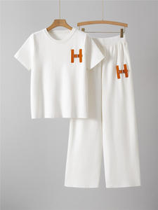 Completo Estivo da <span class=keywords><strong>Donna</strong></span> Due Pezzi, Nuovo Trend Casual Sportivo, <span class=keywords><strong>Pantaloncini</strong></span> e Pantaloni a Gamba Larga, Stile Comodo e alla Moda, Tinta Unita - Product Image 5