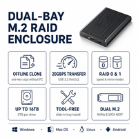 Enclosure SSD M.2 NVMe SATA Portabel Dual Bay RAID 20Gbps 16TB dengan Alat Kloning Offline Gratis USB 3.2 untuk Cadangan Data