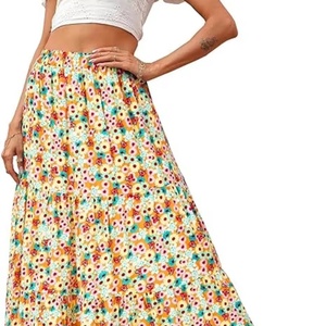 2024 Primavera Verano mujer alta cintura Floral Maxi falda Casual Vintage Swing plisado línea transpirable trabajo playa leopardo patrón - Product Image 1