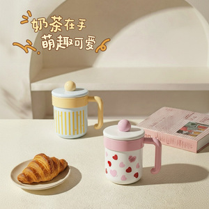 Cute Pink Heart Breakfast Mug With Lid Stainless Steel For Tea Coffee Milk General Use Cylinder Shape - Product Image 1