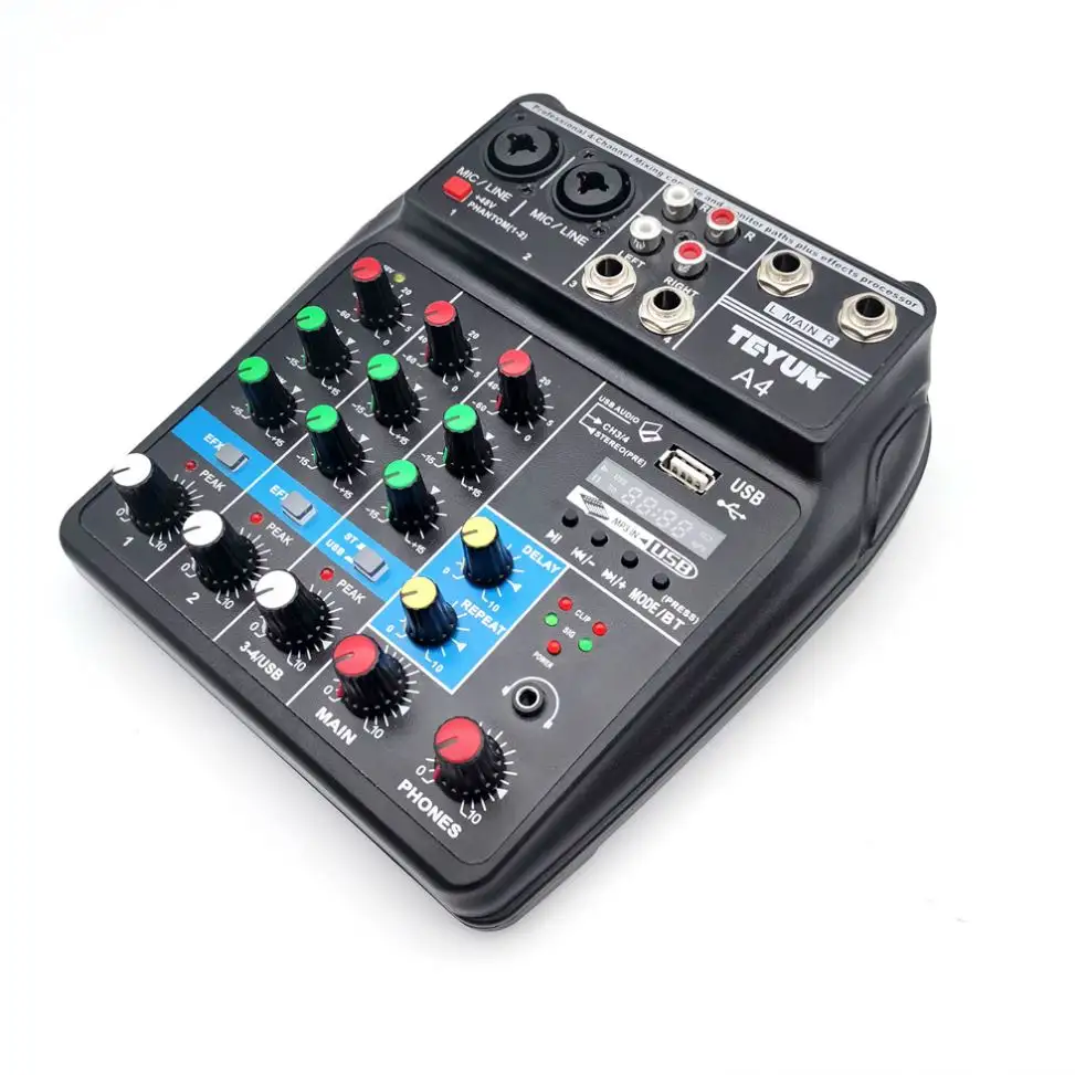 Consola de sonido de 4 canales, mezclador de Audio para Dj, mezclador de vídeo de 4 canales, consola de mezcla de 4 canales con tarjeta de sonido