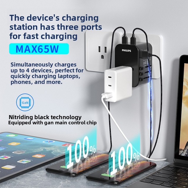 Global Universal Plug-in GaN 65W Fast Charger with PC Material and USB-A/USB-C UK US Japan EU & Australia Adapter