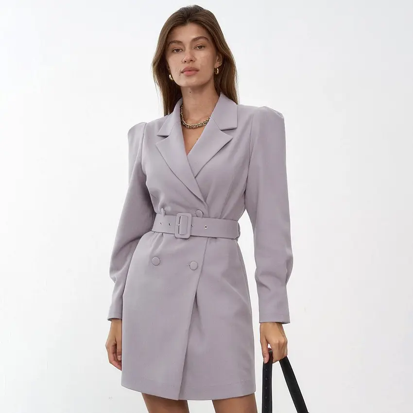 Fashionable Office Ladies Long Sleeve Solid Color Suit Shirt Dress Button Drape Lace Up Waist Mini Women's Dress with Belt