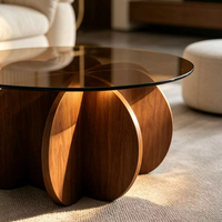 Table basse multifonctionnelle Wabi Sabi à base florale pour salon, plateau rond en verre trempé ambré résistant aux rayures, quatre pétales en MDF