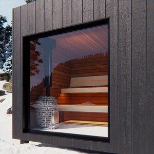 Cabine de sauna infrarouge lointain compacte à lattes verticales en hemlock noir avec chauffage intégré, cheminée en pierre, entrée latérale et terrasse - Product Image 6