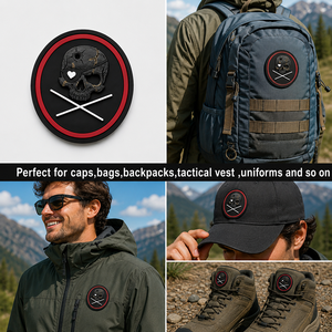 Patch PVC personnalisé en forme de cœur de crâne de <span class=keywords><strong>pirate</strong></span>, gaufré 3D, imperméable, en caoutchouc souple, avec fixation auto-agrippante pour vestes, sacs et chapeaux - Product Image 2