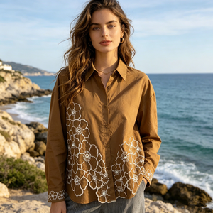 GX-2026 Nuova <span class=keywords><strong>Camicetta</strong></span> <span class=keywords><strong>con</strong></span> Ricami di <span class=keywords><strong>Paillettes</strong></span> e Fiori, Maniche Lunghe e Colletto, Design Elegante - Product Image 1