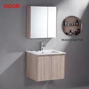 Kidoir America Modern Hotel Glossy White Style 600Mm Pvc Hanging Wall Bathroom Mirror Set Vanity Cabinet With Ceramic Basin