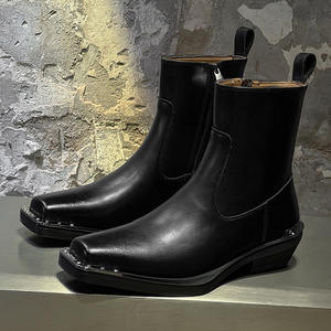 Bottes Chelsea pour hommes en cuir véritable à bout carré et talon haut, style britannique décontracté, toutes saisons, avec fermeture éclair, vente en gros - Product Image 4