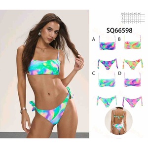 Conjunto de bikini HDJ con estampado Tie Dye, top multicolor con tiras y lazo lateral, traje de baño, ropa de playa - Product Image 1