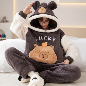 Ensembles de vêtements de nuit hiver pyjamas à capuche en peluche pour hommes adolescents pyjamas de dessin animé épais doublés de polaire - Product Image 1