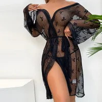 Robe de nuit transparente en maille respirante à manches longues pour femme avec nœud imprimé – Vente en gros