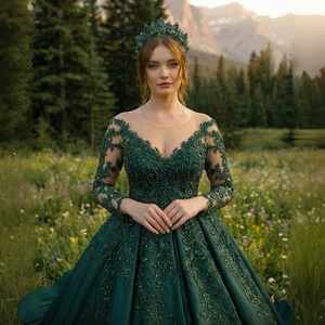 Abito da ballo Quinceañera Serene Hill LA73467 di lusso in raso <span class=keywords><strong>verde</strong></span> <span class=keywords><strong>smeraldo</strong></span> con maniche lunghe e applicazioni in pizzo, modello 2026 - Product Image 2