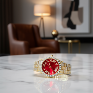 Montre à quartz de luxe pour hommes, marque haut de gamme, cadran rouge 42 mm, chiffres romains, cristal saphir, bracelet en acier inoxydable plaqué or 18 carats - Product Image 2