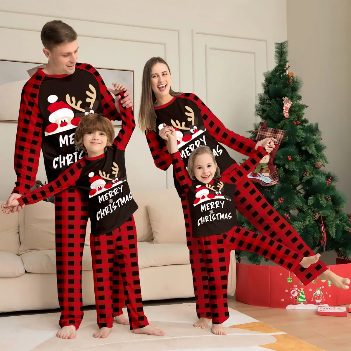 Matching Family Pajamas Sets Christmas PJ's with Letter and Plaid Printed Long Sleeve Tee and Bottom Loungewear