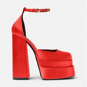 Moda doble cuña satén rojo tacón grueso sexy sandalias punta cuadrada últimos tacones altos para damas - Product Image 1