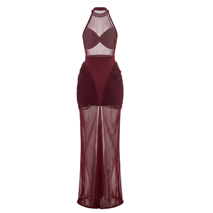 Viviblook D26DS180 Vestidos de verano para mujer, vestido largo de noche plisado con retazos de malla transparente sin mangas - Product Image 6