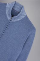 Pull en laine tricoté pour homme bleu clair, à manches longues, col rond, anti-boulochage, respirant, avec logo personnalisé, conception OEM/ODM, patchwork et fermeture éclair – Vente en gros