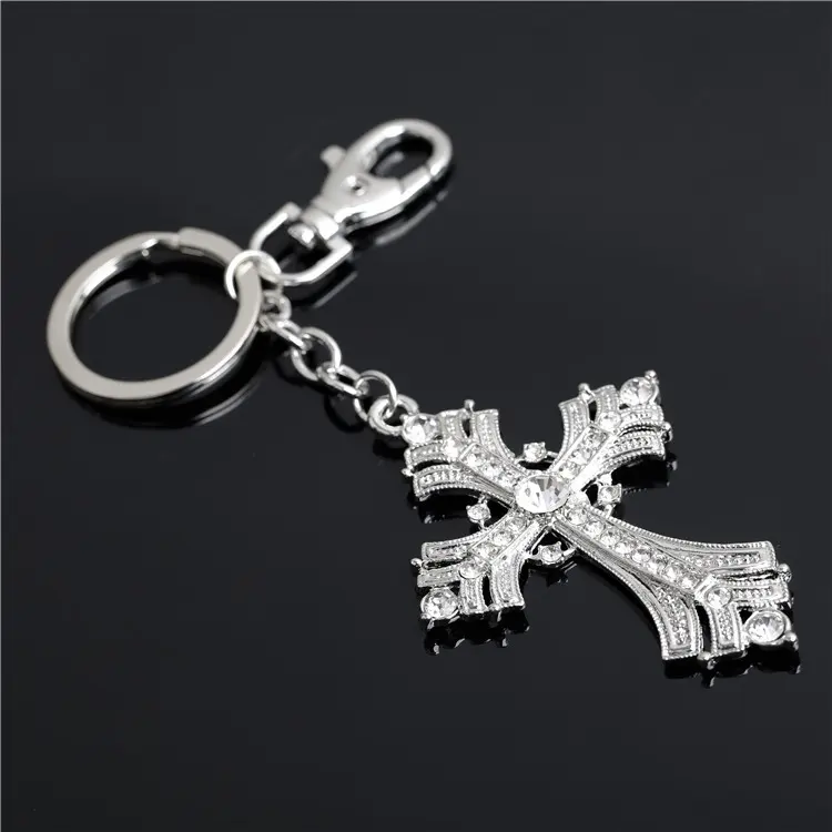 Vintage rhinestone cross keychain alloy favors wholesale fashion simple 3D cross key chain