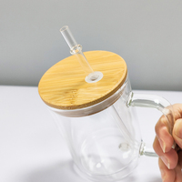 Mug en verre à double paroi de 15 oz pour sublimation, pré-percé avec couvercle en bambou, tasse à café transparente Topjlh