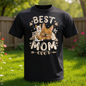 Camiseta del Día de la Madre con estampado digital de Bulldog Francés con cachorros, la mejor mamá del mundo, unisex, manga corta, cuello redondo, para adultos - Product Image 3