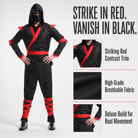 Deluxe Halloween Ninja-Anzug für Herren - Schwarz-Rot Kontrastierender Besatz Atmungsaktives Polyester Erwachsenen-Kostüm S-XXL TV-Film-Kostüm