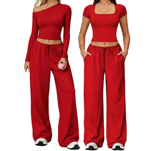 <b>Red</b> 2 Piece Yoga Set Asymmetric Off Shoulder <b>Crop</b> <b>Top</b> High Waist Wide Leg Pants With Pockets Breathable Spandex Cotton Material - Product Image 6
