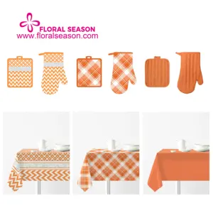 Simple Printed Cotton Table Cloth 3 Pcs Kitchen Set Oven Mitten And Pot Holder