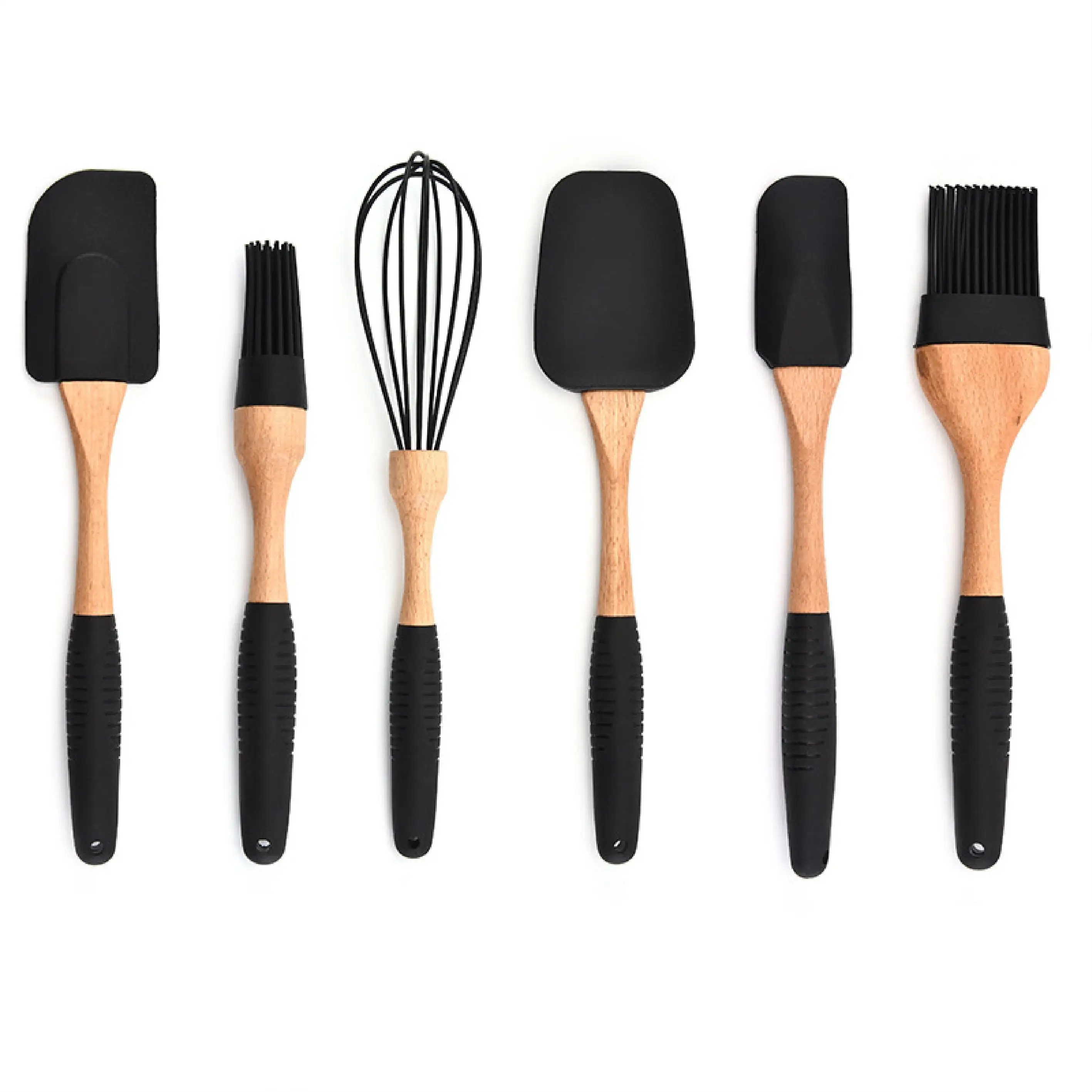 Juego de utensilios de cocina de silicona, con mango de madera, accesorios, espátula, cuchara giratoria, utensilios de cocina