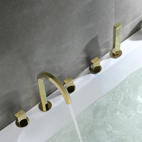 Robinet de baignoire moderne à 3 poignées en laiton doré, à poser sur le rebord, avec mitigeur eau chaude et froide, cartouche céramique et douchette à main