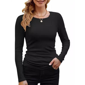 Camiseta Básica de Manga Larga para Mujer, Cuello Redondo, Ajustada, Color Sólido, Hecha de Tela de Rayón Acanalado Cómoda - Product Image 3