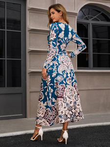 بيع بالجملة عبر الحدود أزياء أنيقة المرأة المطبوعة فستان الشيفون بأكمام طويلة طول الكلمة الأزهار الإمبراطورية فستان عارضة - Product Image 6