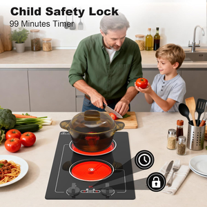 Placa de Cocina Eléctrica Integrada de 2100W, 2 Quemadores, Panel de Vitrocerámica, Control Táctil con Perillas, Pantalla LCD, 9 Niveles de Potencia, Bloqueo <span class=keywords><strong>para</strong></span> Niños, Protección Contra Sobrecalentamiento - Product Image 4