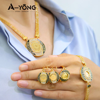 Nouveautés Parure de Bijoux Arabes Pièce d'Or pour Femme, Ensemble Bijoux Zirconium Boucles d'Oreilles et Collier Plaqué Or Style Dubaï