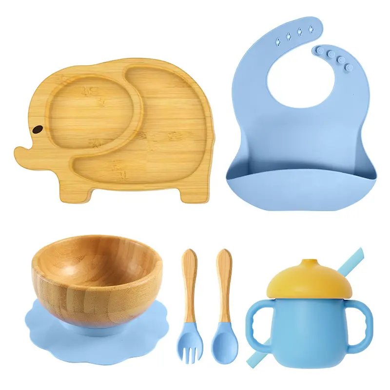 أدوات مائدة للأطفال مخصصة على شكل حيوان خالية من مادة BPA أطباق سيليكون مقسمة من الخيزران والسيليكون لشفط الطعام طراز BL010209