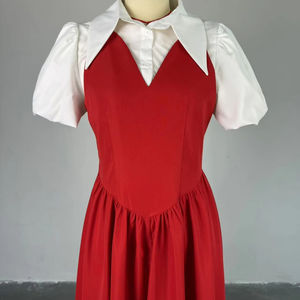 Bahar kısa puf kollu düz renk boy yaka yaka yüksek bel ince a-line iki adet kadın gömlek elbise - Product Image 6