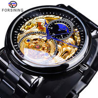 FORSINING Montre Mécanique Automatique de Grande Marque pour Homme, Design Transparent, Squelette Lumineux en Or, Acier Inoxydable