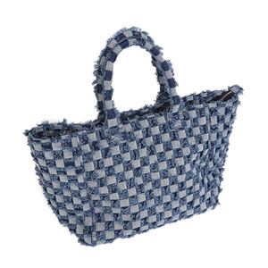 Fabricante al por mayor de gran capacidad Linda borla a cuadros Denim mujeres hombres trabajo playa Crochet Tote bolsos Denim Tote Bag - Product Image 2