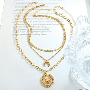 Collier en acier titane personnalisé avec pendentif tête de Lion, pièce de lune, ras du cou, chaîne en or à 3 couches, <span class=keywords><strong>2022</strong></span> - Product Image 4