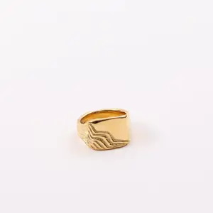 Abstract Tarnish Free Stainless Steel Wave Rings PVD Gold Plated Square Signet Ring Women Jewelry