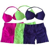 Ensemble de sport sans couture pour femme : Soutien-gorge de sport à bretelles et short taille haute froncé push-up, séchage rapide, vêtements de fitness 2 pièces