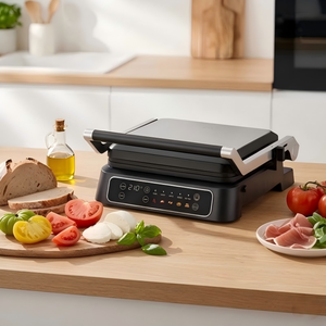 <span class=keywords><strong>Grill</strong></span> électrique numérique avec <span class=keywords><strong>plaques</strong></span> <span class=keywords><strong>amovibles</strong></span> antiadhésives en acier inoxydable, 5 programmes prédéfinis, 90 cm² ° &180 ° Ouverture de la presse à panini - Product Image 4